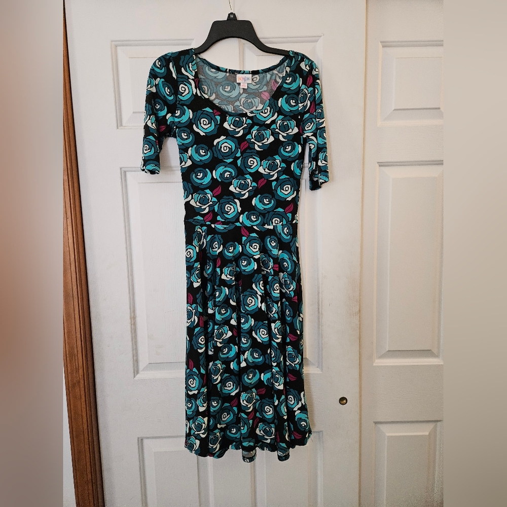 LuLaRoe Teal and Black Floral Midi Dress